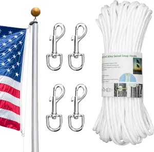 Upgraded Flag Pole Rope Clips Kit 100Ft,5/16” Flag Halyard Rope with Sturdy Swivel Snap Hooks,Heavy Duty Utility Rope for Pet Camping Tent Hardware Accessories Flagpole Line Replacement Set (100ft)