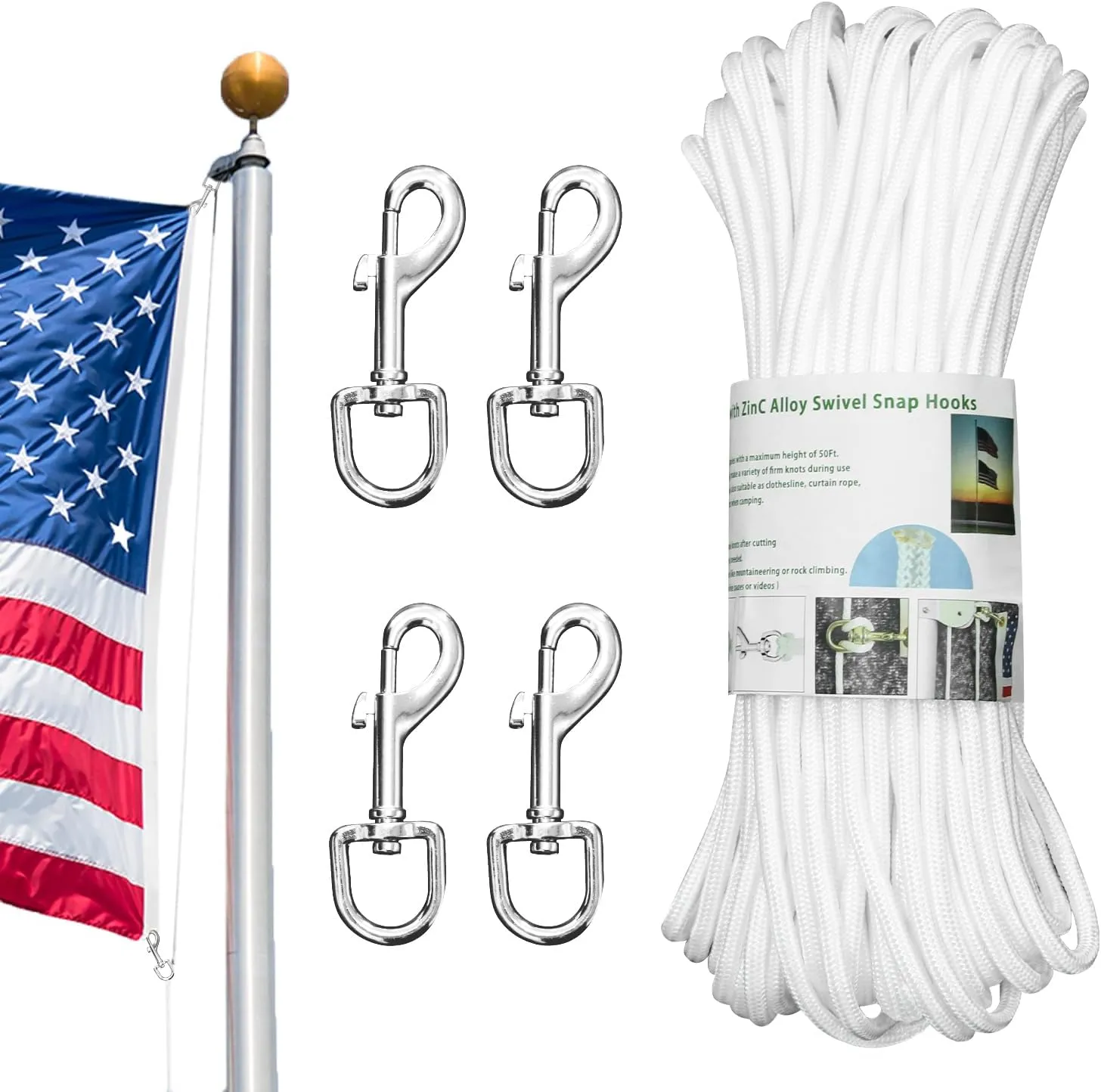 Upgraded Flag Pole Rope Clips Kit 100Ft,5/16” Flag Halyard Rope with Sturdy Swivel Snap Hooks,Heavy Duty Utility Rope for Pet Camping Tent Hardware Accessories Flagpole Line Replacement Set (100ft)