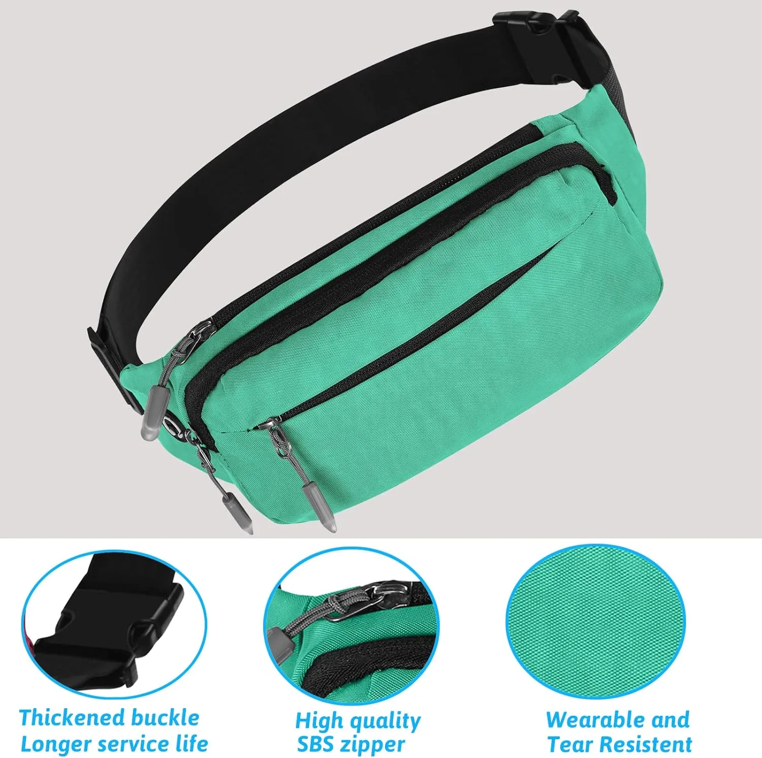 USHAKE Fanny Pack Waist Packs with Extender for Men or Women, Medium Size Waist Pouch Bag Hip Pack with 3-Zipper Pockets Adjustable Straps for Casual Travel Hiking Jogging Outdoor Sports (Mint Blue)
