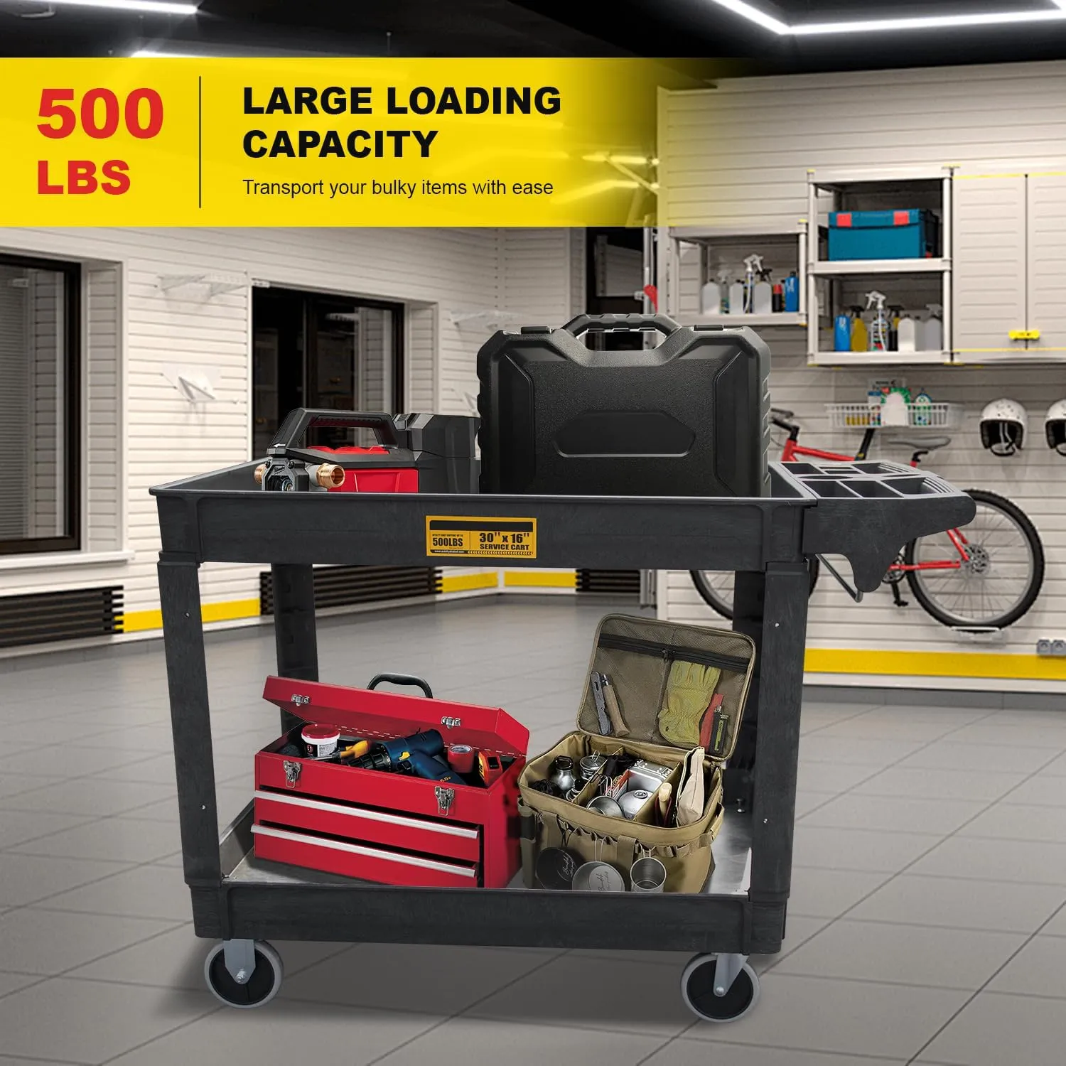 Utility Service Cart,Heavy Duty 500 LBS Rolling Utility Cart with 360° Swivel Wheels, Lipped Shelves, Ergonomic Storage Handle, Used in Warehouse/Garage/Cleaning/Manufacturing