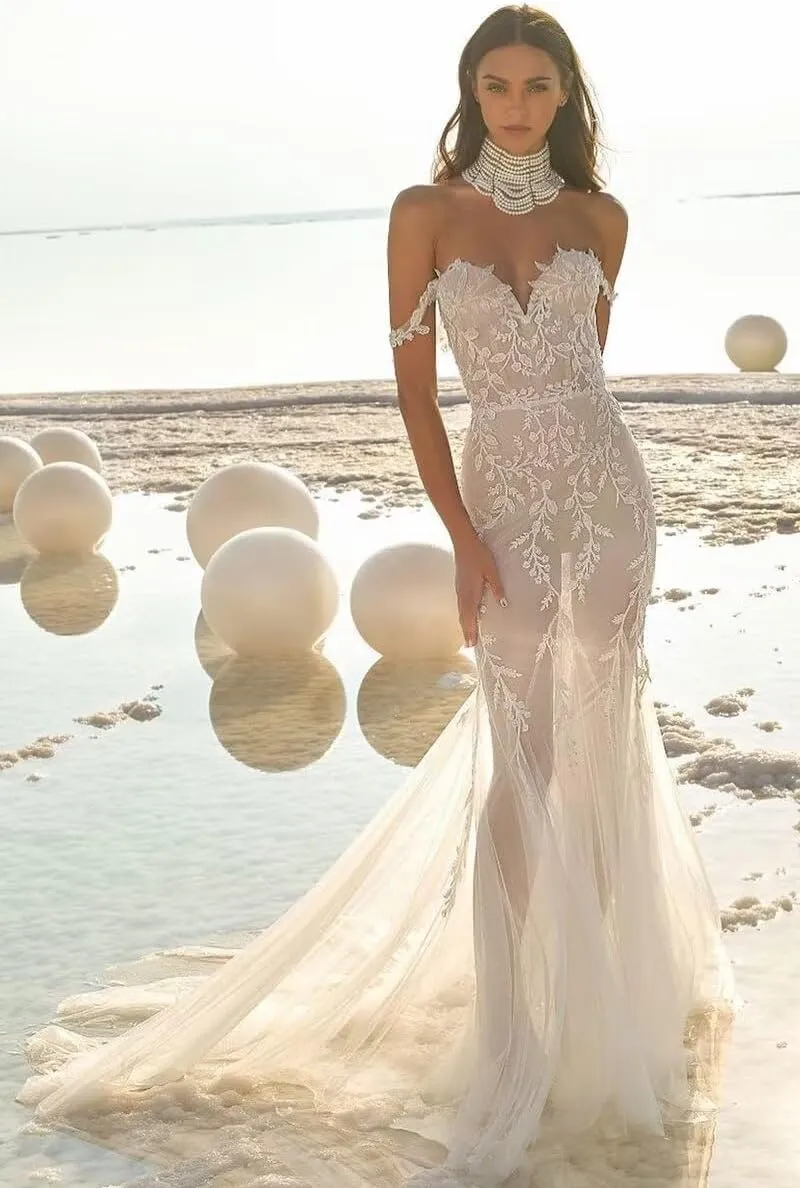 UZN Mermaid Off Shoulder Tulle Boho Wedding Dresses for Bride 2024 Long with Lace Appliques