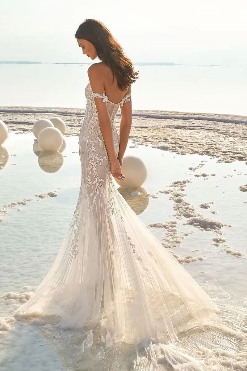 UZN Mermaid Off Shoulder Tulle Boho Wedding Dresses for Bride 2024 Long with Lace Appliques