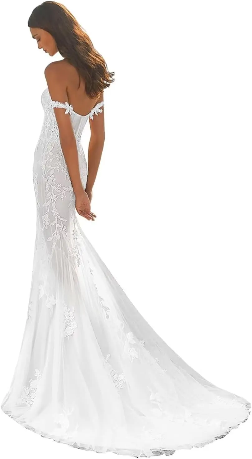 UZN Mermaid Off Shoulder Tulle Boho Wedding Dresses for Bride 2024 Long with Lace Appliques