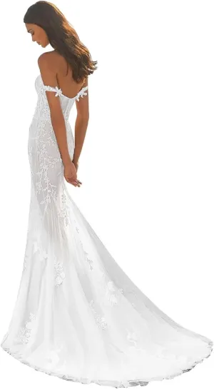 UZN Mermaid Off Shoulder Tulle Boho Wedding Dresses for Bride 2024 Long with Lace Appliques