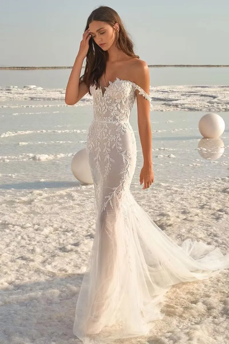UZN Mermaid Off Shoulder Tulle Boho Wedding Dresses for Bride 2024 Long with Lace Appliques
