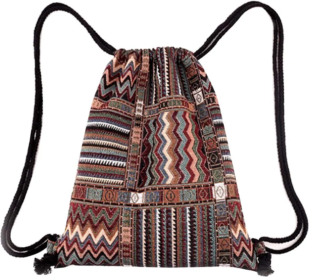 Van Caro Bohemian Drawstring Backpack Light Cinch Bag Gym Sack String Bag (Color 1)