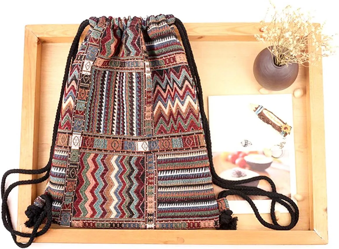 Van Caro Bohemian Drawstring Backpack Light Cinch Bag Gym Sack String Bag (Color 1)