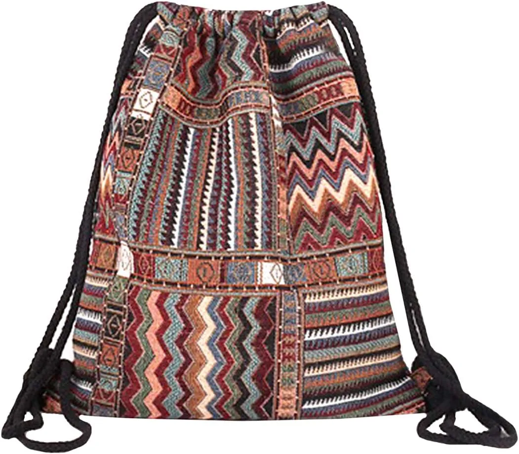 Van Caro Bohemian Drawstring Backpack Light Cinch Bag Gym Sack String Bag (Color 1)