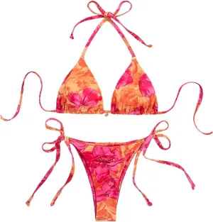 Verdusa Women's 2 Piece Boho Floral String Bikini Set Halter Triangle High Cut Swimsuit