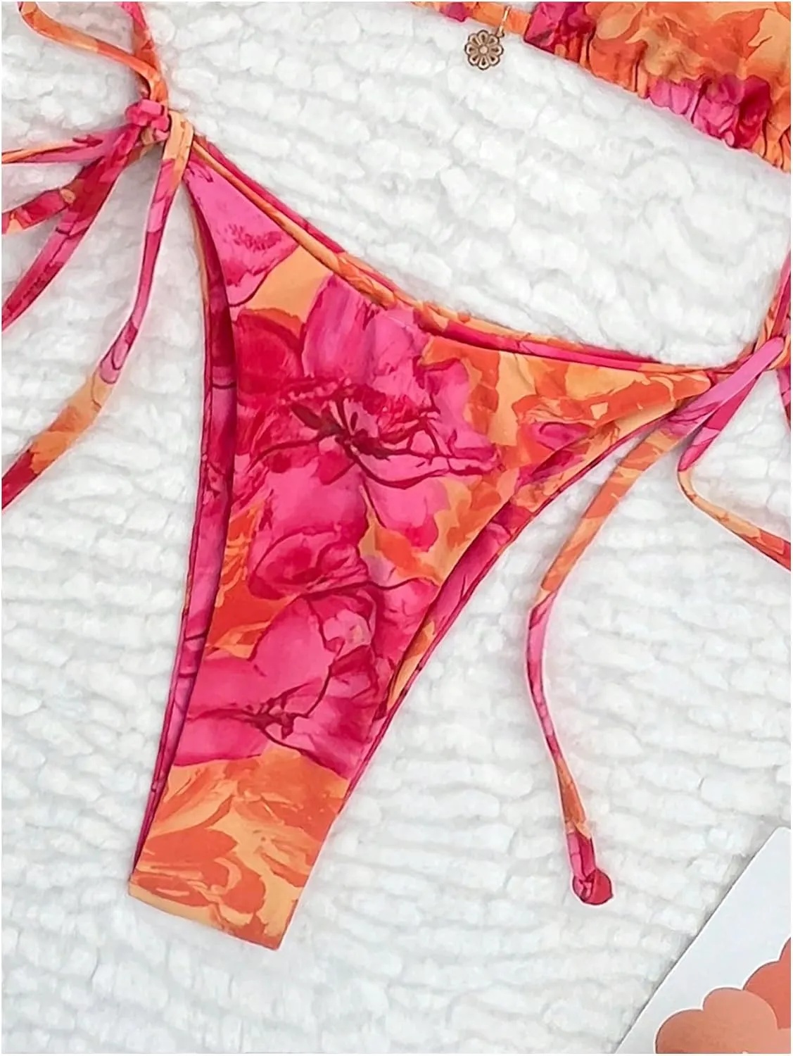Verdusa Women's 2 Piece Boho Floral String Bikini Set Halter Triangle High Cut Swimsuit