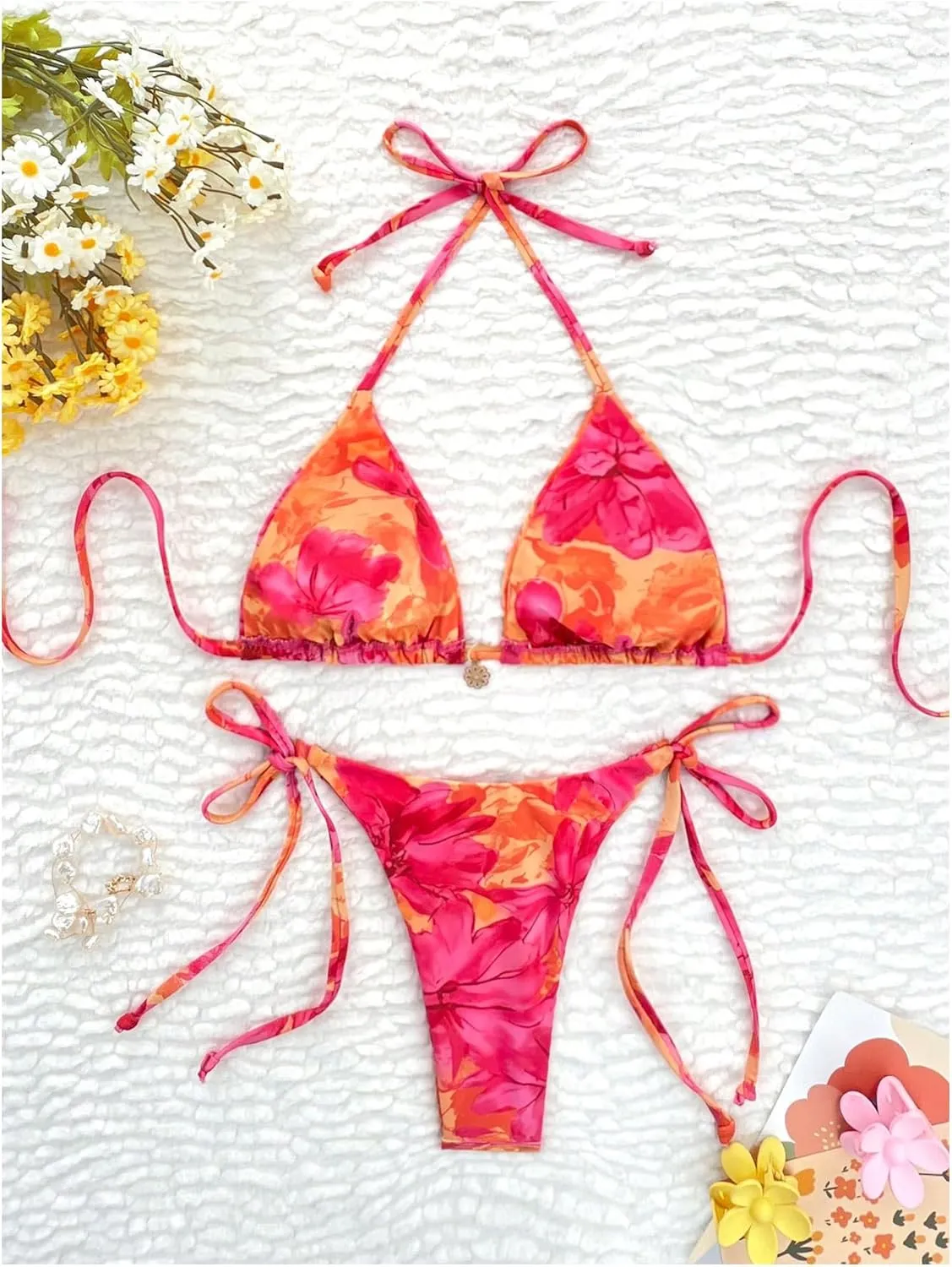 Verdusa Women's 2 Piece Boho Floral String Bikini Set Halter Triangle High Cut Swimsuit