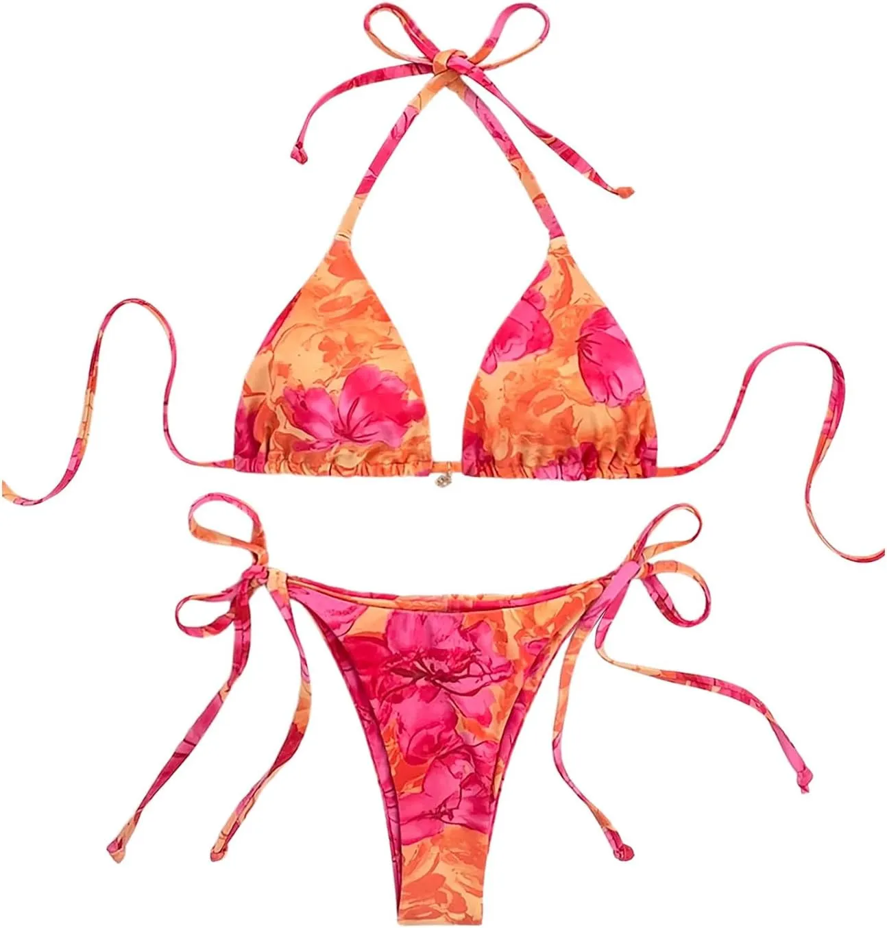 Verdusa Women's 2 Piece Boho Floral String Bikini Set Halter Triangle High Cut Swimsuit