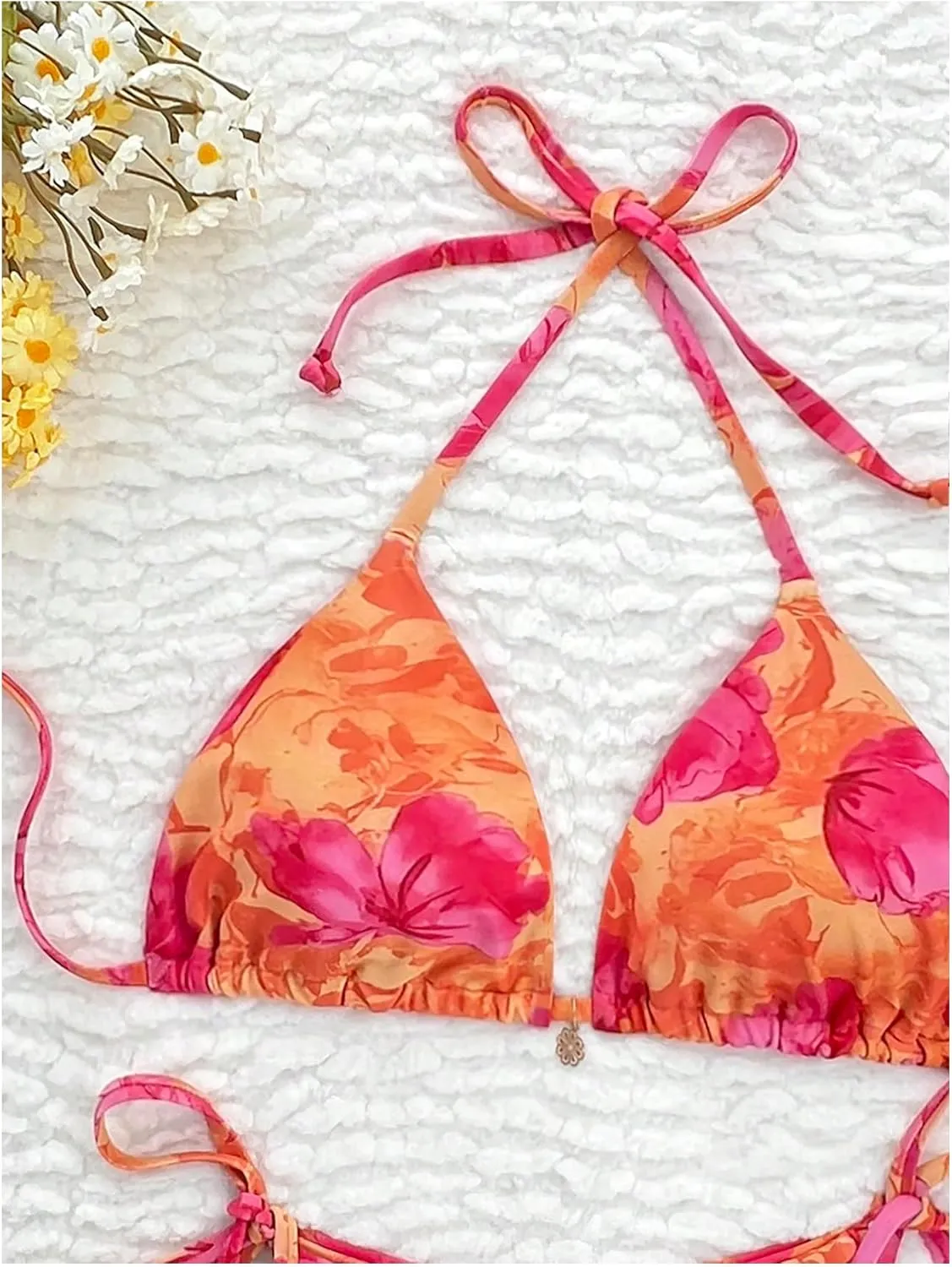 Verdusa Women's 2 Piece Boho Floral String Bikini Set Halter Triangle High Cut Swimsuit