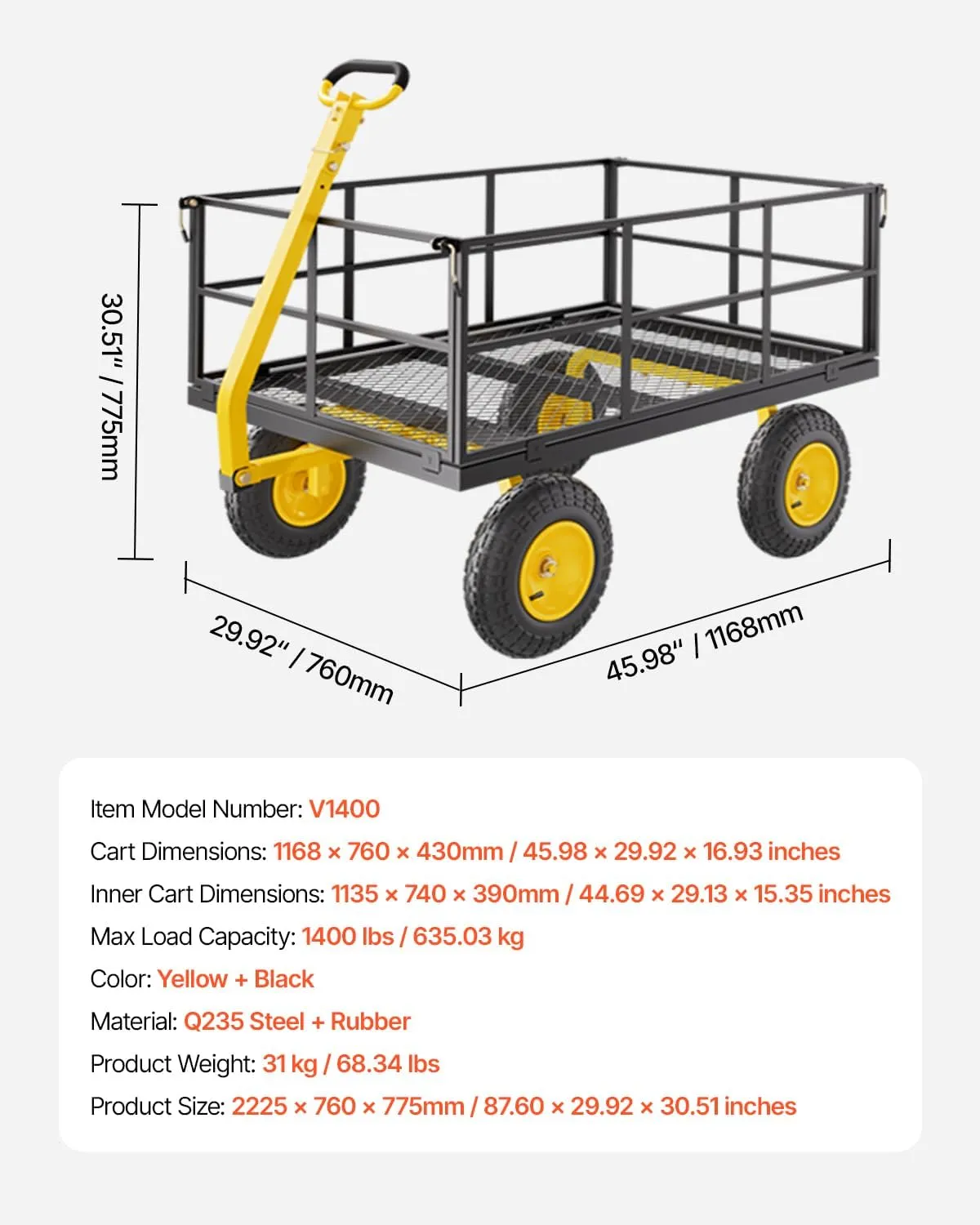 VEVOR 1400 Lbs Steel Garden Cart, Heavy Duty Pullable Garden Wagon Yard Cart, 2 in 1 Outdoor Metal Utility Wagon Yard Trailer with 13" All Terrain Tires, Mesh Removable Sides and 180°Rotating Handle