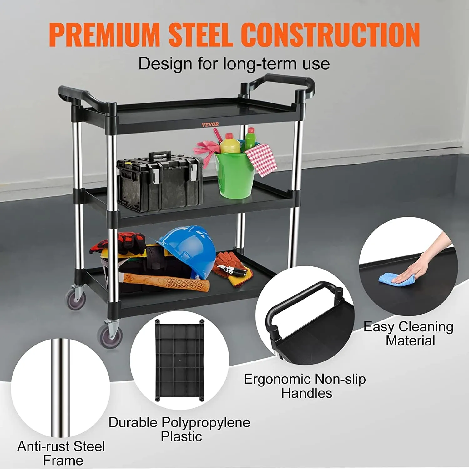 VEVOR 3 Shelf Heavy Duty Utility Cart, 154LBS Capacity, 37.4" x 15.7" x 32.7", Black