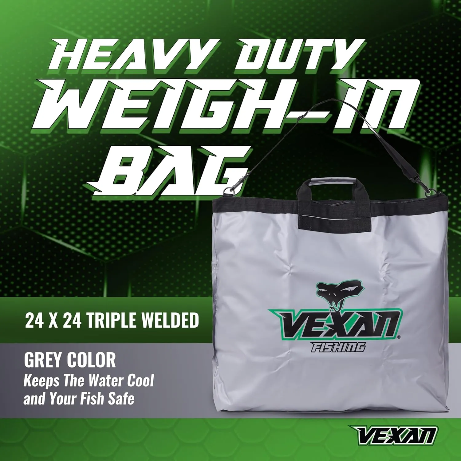 Vexan Tournament Weigh In Bag for Bass Fishing - Heavy Duty 24"x24" Fish Bag for Caught Fish - Waterproof, Zippered, Padded Handles, Triple-Welded Seams