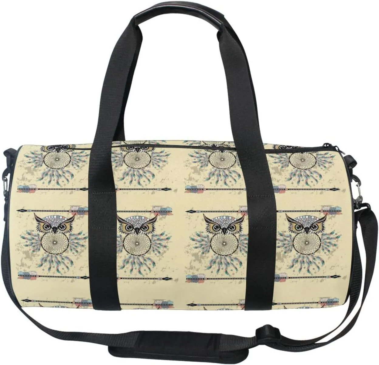 Vintage Beige Dream Catcher Owl Bohemian Style Bohemian Feathers Portable Gym Bag, Travel Bag, Luggage bag, Sports Bag, Toiletry Bag with Handles, Detachable Shoulder Strap 17.6 x 9 x 9 inch