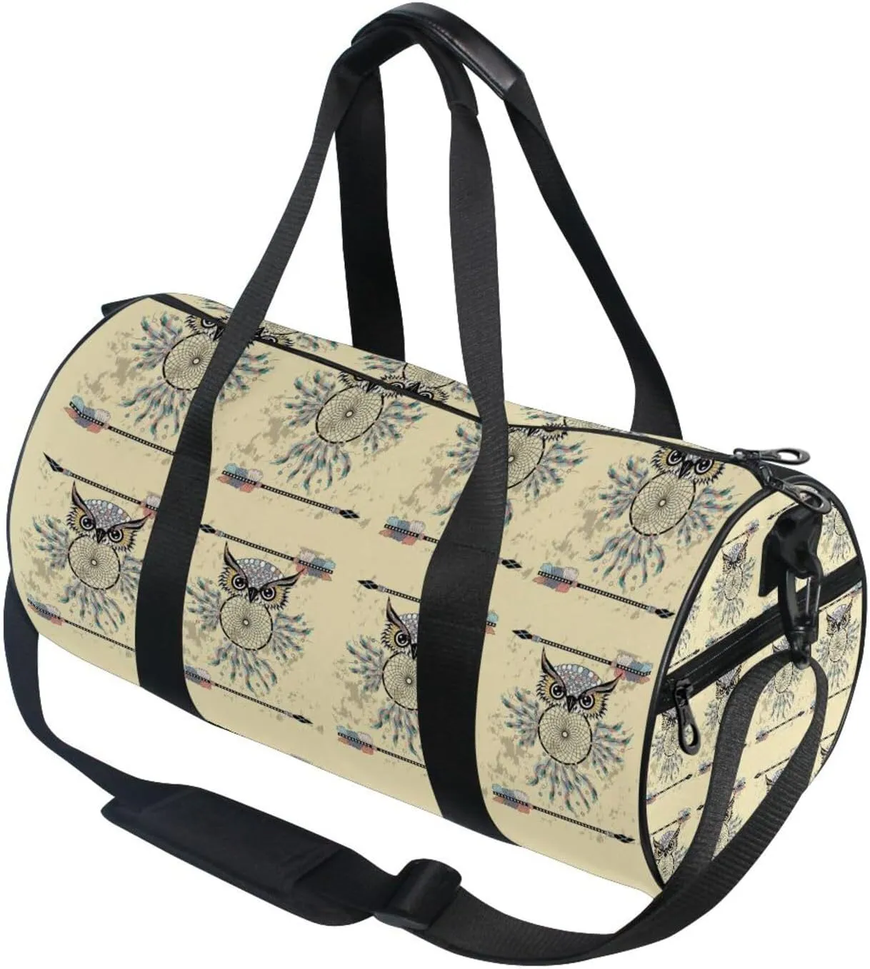 Vintage Beige Dream Catcher Owl Bohemian Style Bohemian Feathers Portable Gym Bag, Travel Bag, Luggage bag, Sports Bag, Toiletry Bag with Handles, Detachable Shoulder Strap 17.6 x 9 x 9 inch