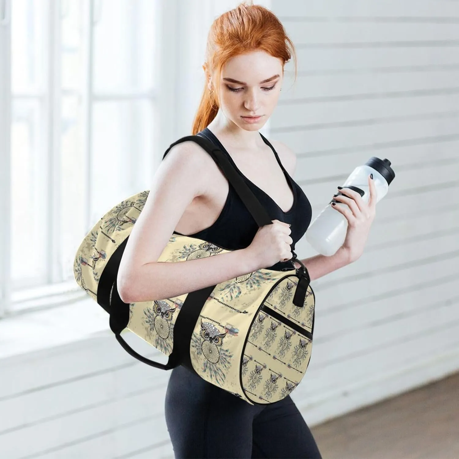 Vintage Beige Dream Catcher Owl Bohemian Style Bohemian Feathers Portable Gym Bag, Travel Bag, Luggage bag, Sports Bag, Toiletry Bag with Handles, Detachable Shoulder Strap 17.6 x 9 x 9 inch