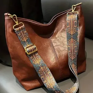 Vintage Solid Color Artful Wide Shoulder Strap - Tote Bag