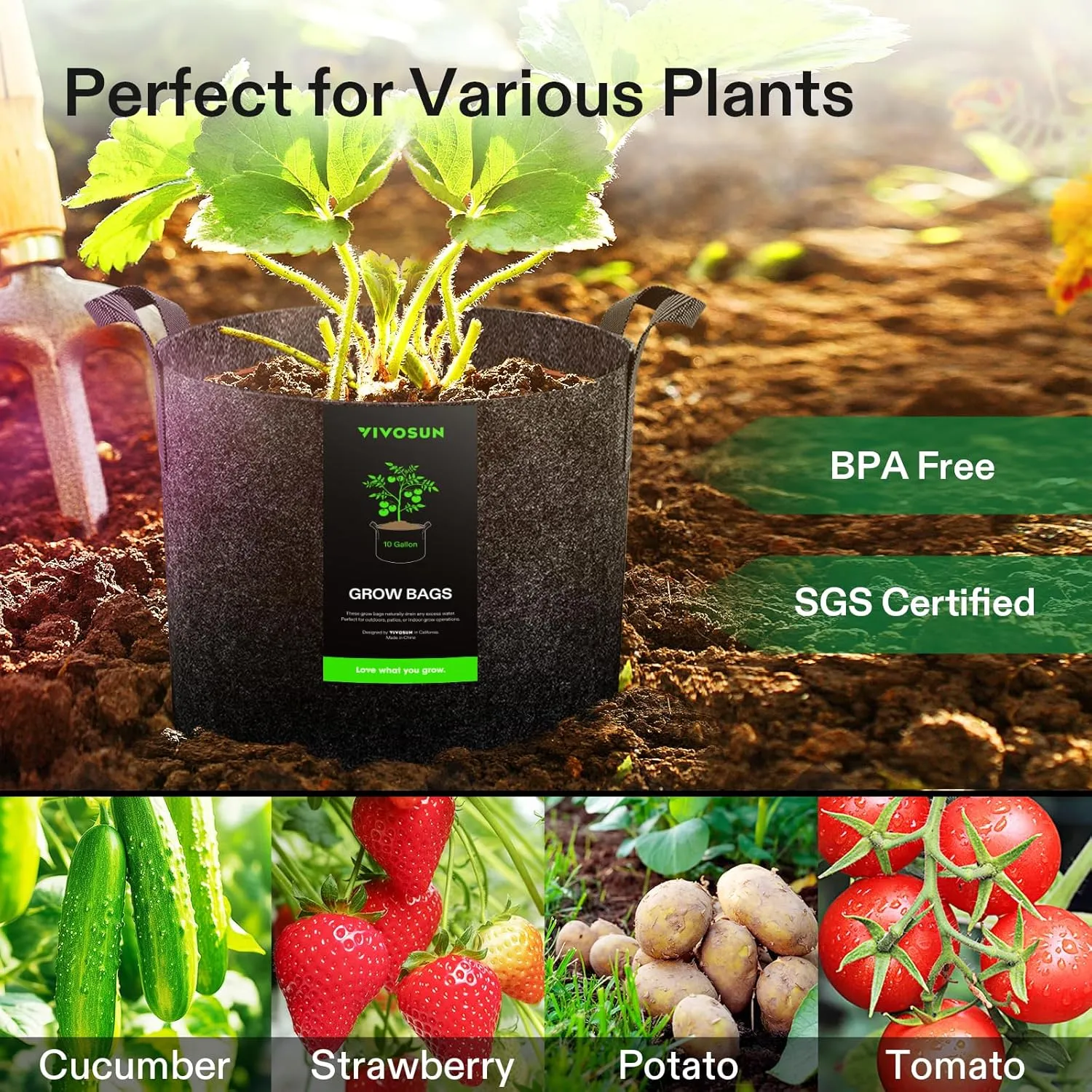 VIVOSUN 5-Pack 10 Gallon Plant Grow Bags, Heavy Duty Thickened Nonwoven Fabric Pots with Handles