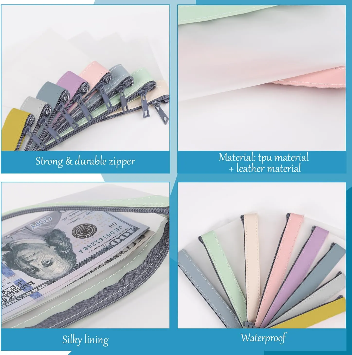 VOCHIC 8 Colours Money Bags with Zipper, 7.6 x 3.7 Inch, Multi-Purpose Check Wallet