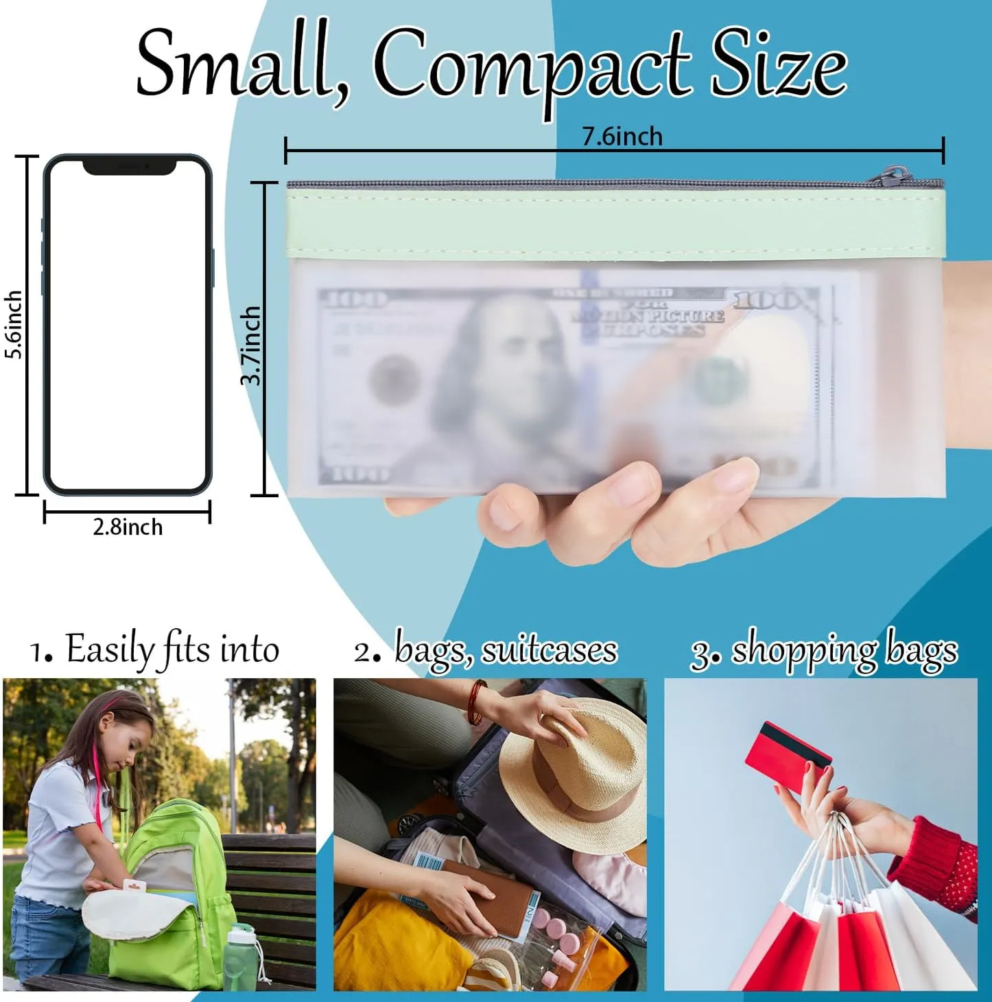 VOCHIC 8 Colours Money Bags with Zipper, 7.6 x 3.7 Inch, Multi-Purpose Check Wallet