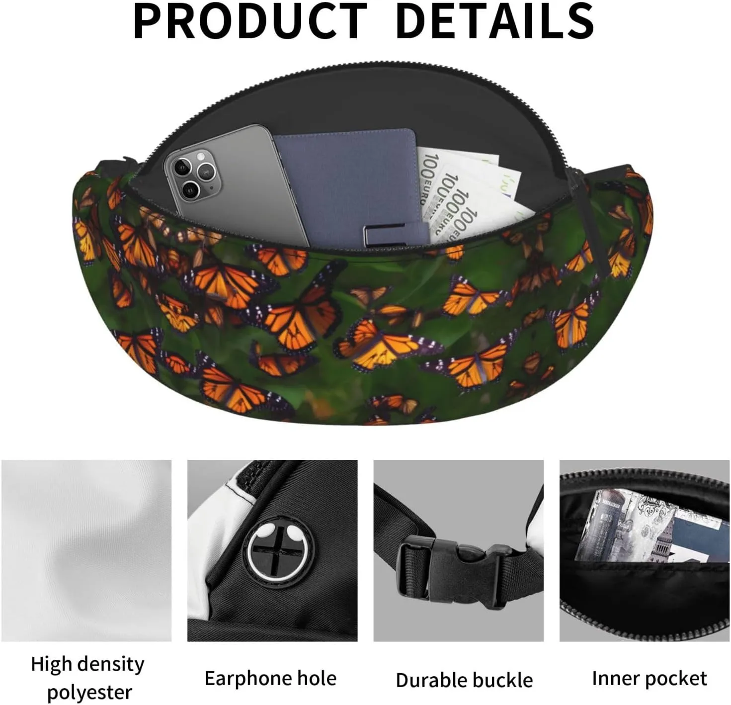 Waist Packs For Men & Women, Fashion Sling Pack With Adjustable Belt For Travel Sports Running.Monarch Butterflly Print