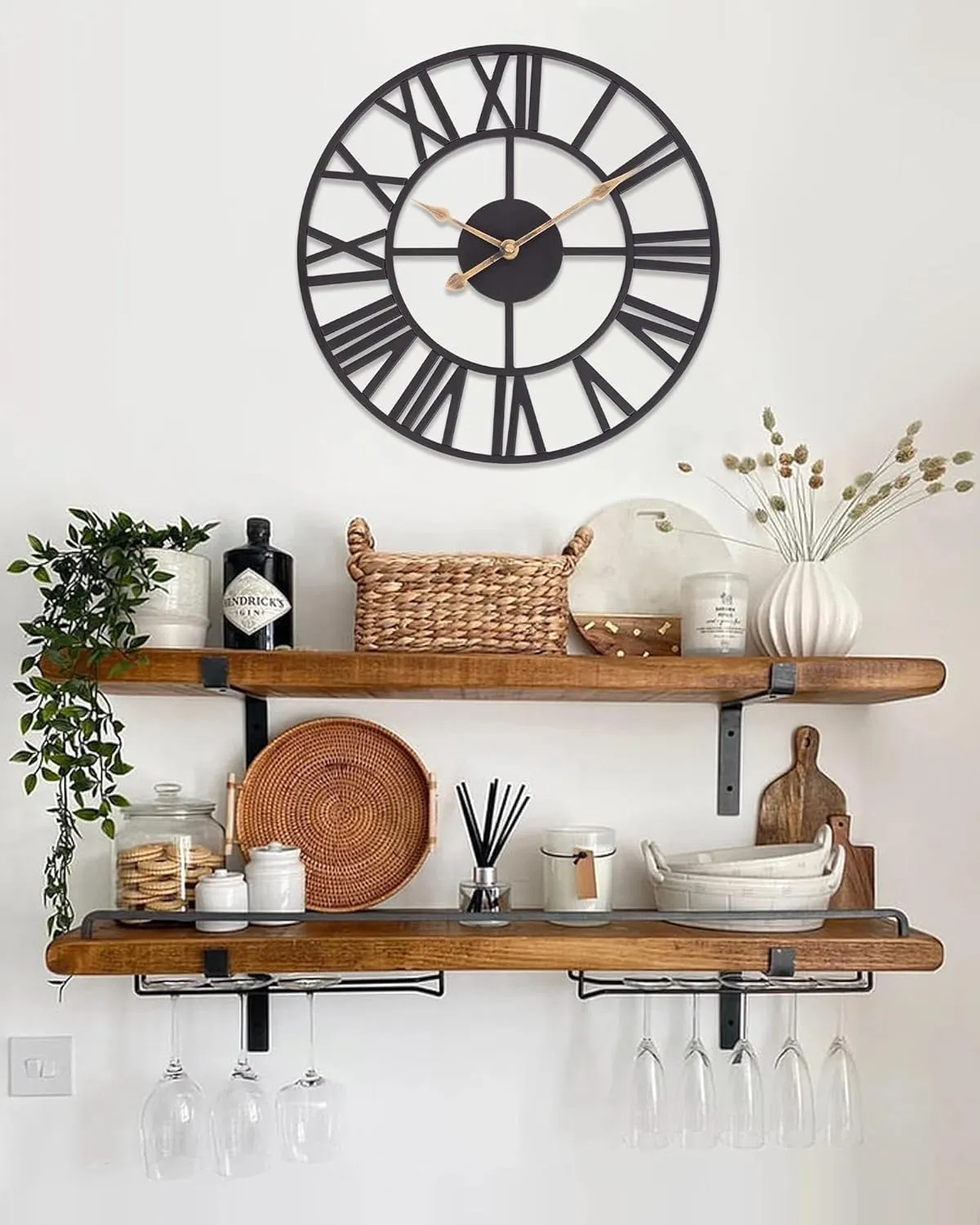 Wall Clocks for Living Room Decor, Black Metal Skeleton Wall Clock Silent Battery Operated, Rustic European Industrial Farmhouse Decorative Wall Clocks for Kitchen, Bedroom, Dining Room-14 in