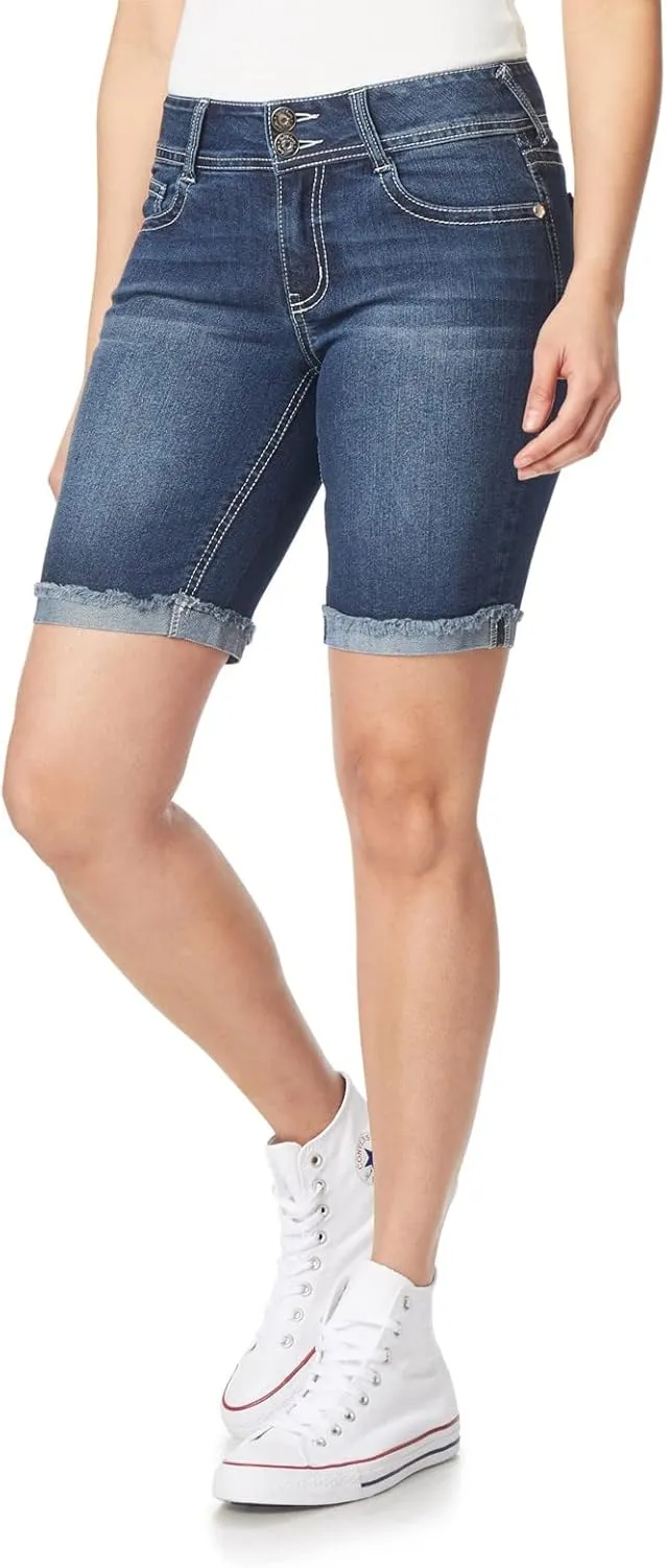 WallFlower Women's Luscious Curvy Denim Shorts Mid-Rise Bling and Belted Insta Stretch Juniors (Standard and Plus)
