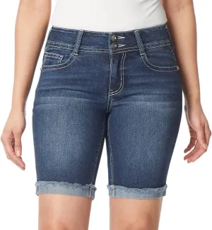 WallFlower Women's Luscious Curvy Denim Shorts Mid-Rise Bling and Belted Insta Stretch Juniors (Standard and Plus)