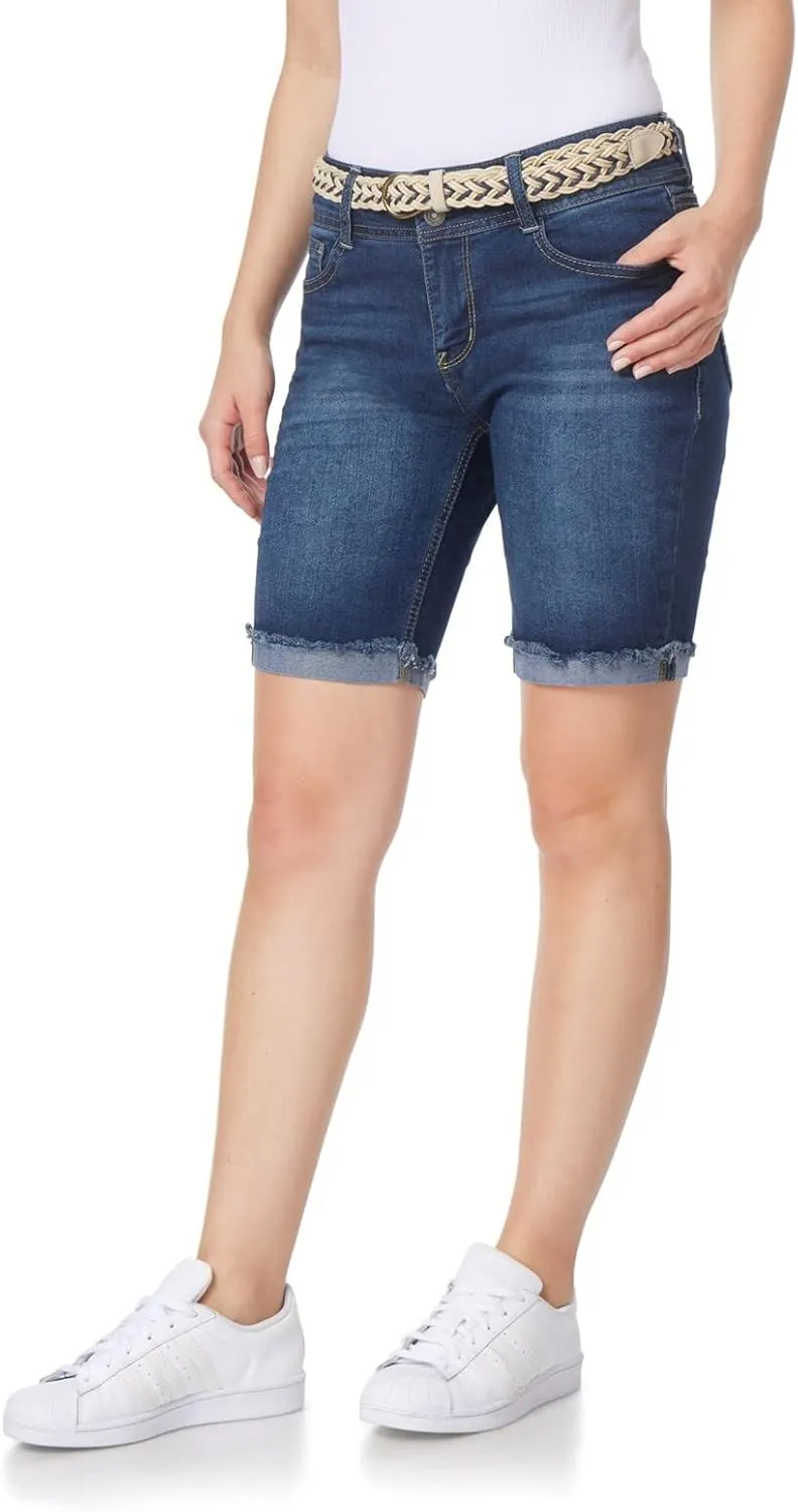 WallFlower Women's Luscious Curvy Denim Shorts Mid-Rise Bling and Belted Insta Stretch Juniors (Standard and Plus)