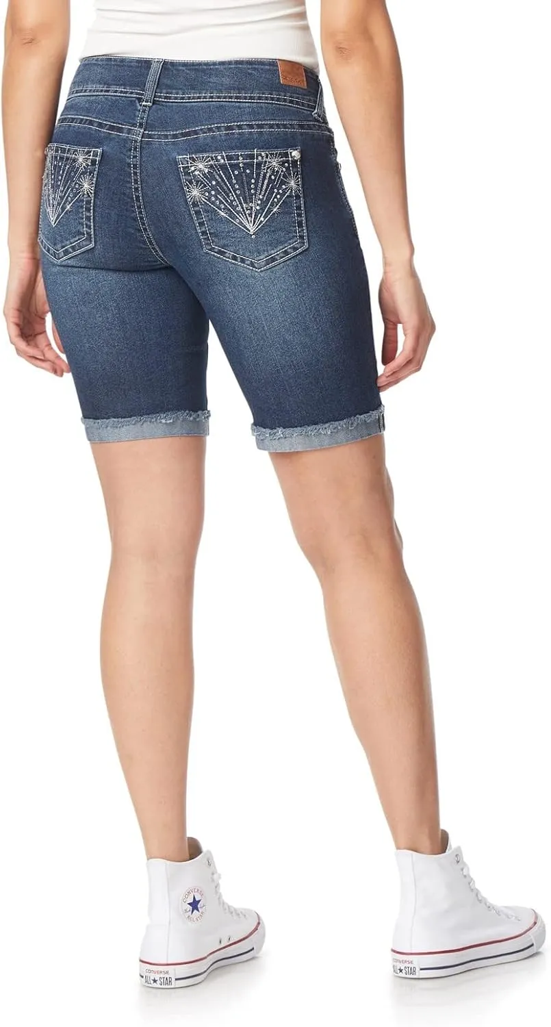 WallFlower Women's Luscious Curvy Denim Shorts Mid-Rise Bling and Belted Insta Stretch Juniors (Standard and Plus)