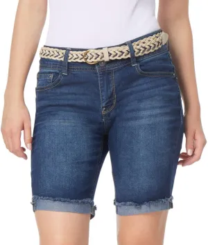 WallFlower Women's Luscious Curvy Denim Shorts Mid-Rise Bling and Belted Insta Stretch Juniors (Standard and Plus)