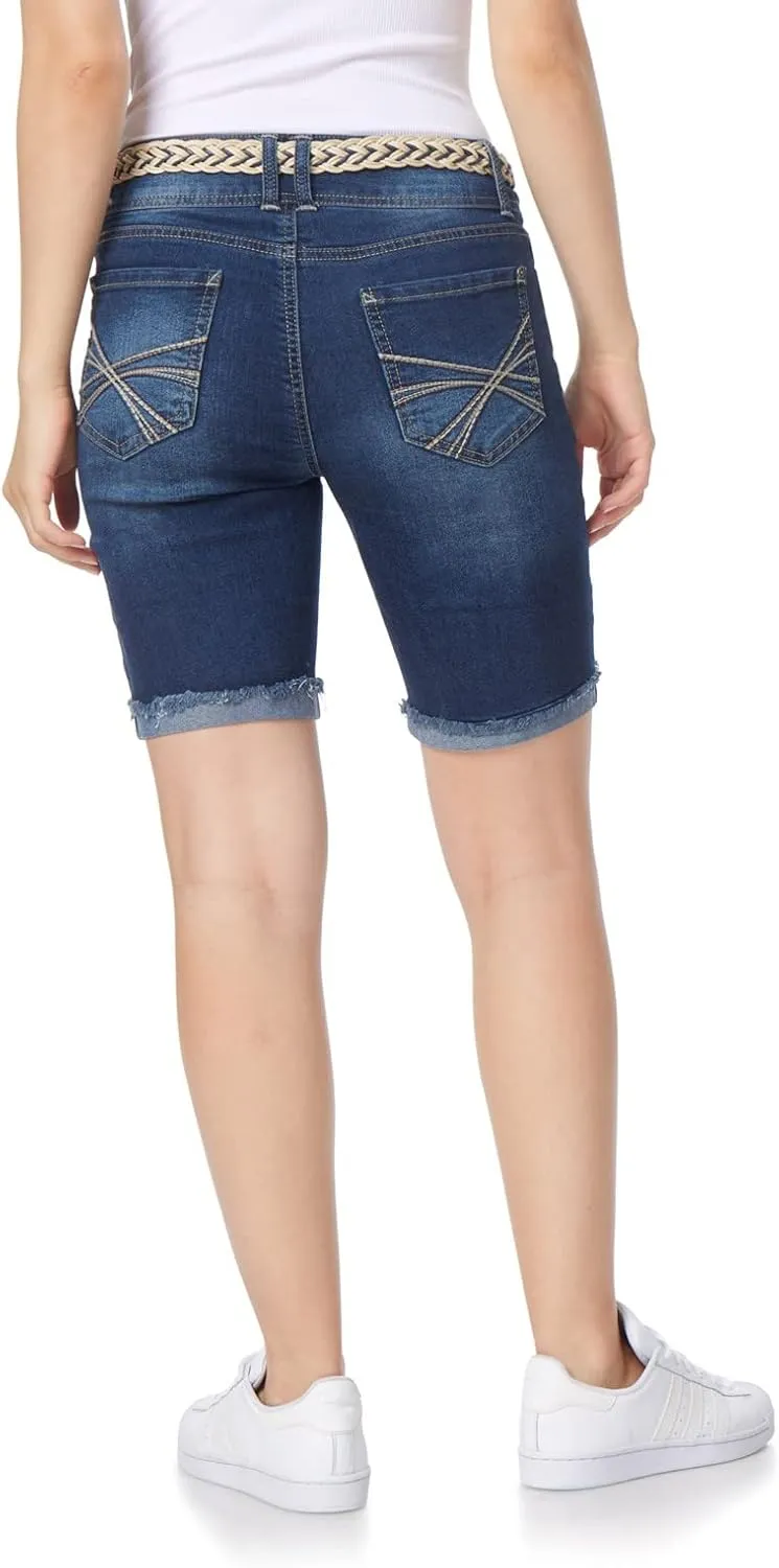 WallFlower Women's Luscious Curvy Denim Shorts Mid-Rise Bling and Belted Insta Stretch Juniors (Standard and Plus)