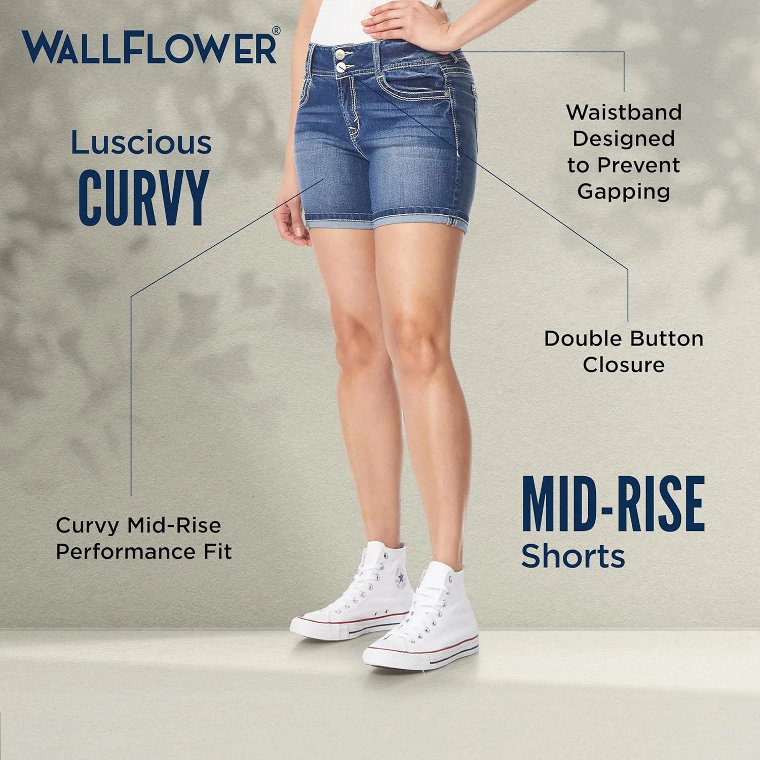 WallFlower Women's Luscious Curvy Denim Shorts Mid-Rise Bling and Belted Insta Stretch Juniors (Standard and Plus)