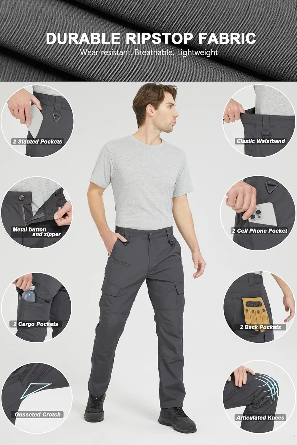 wantdo Men's Work Pants Stretch Flex Utility Cargo Tactical Pants for Men Lightweight Outdoor Hiking Pants