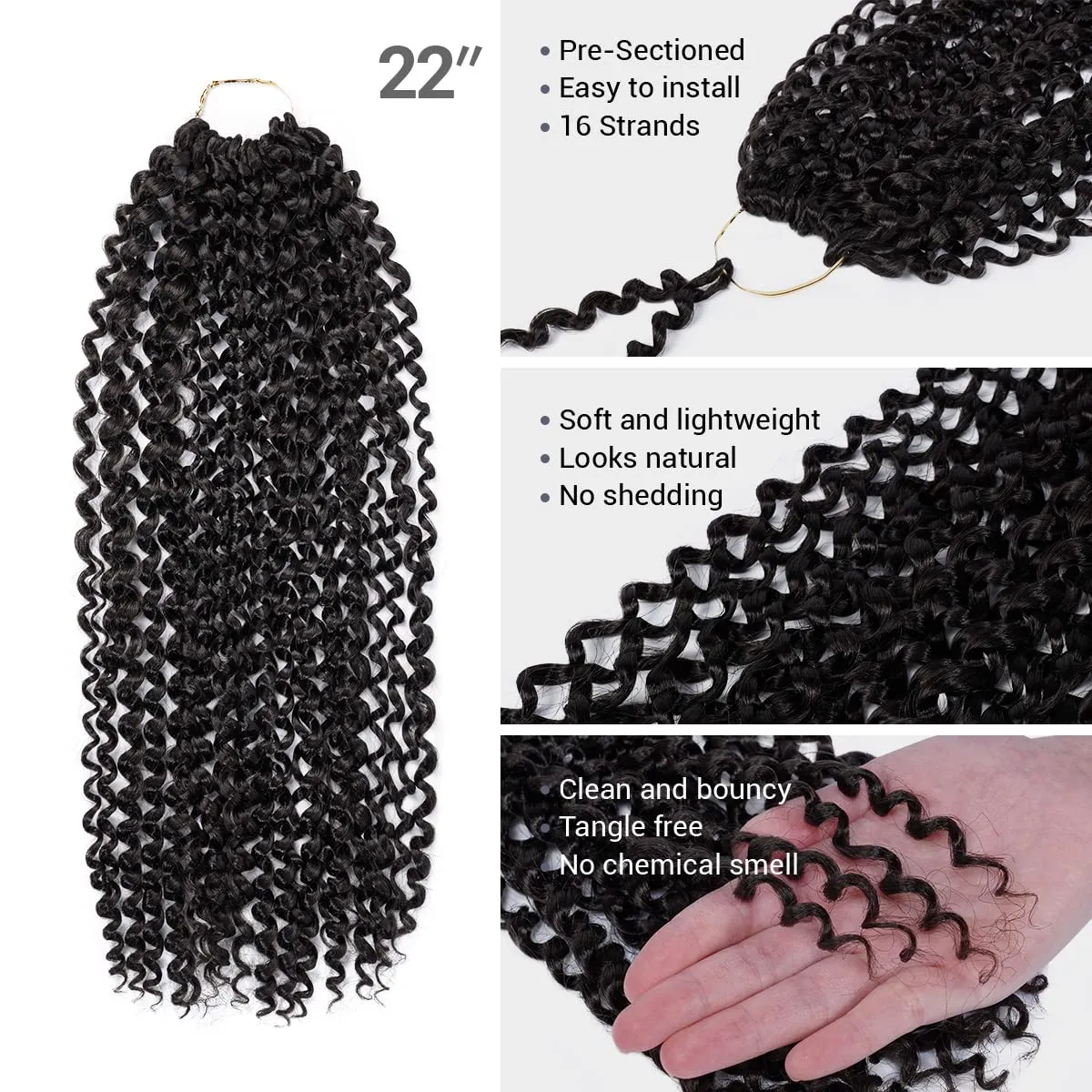 Water Wave Crochet Braids Hair, 22 Inch, 6 Packs, Synthetic Extensions for Passion Twists, Butterfly Locs, and Bohemian Styles, (1B, Off Black)