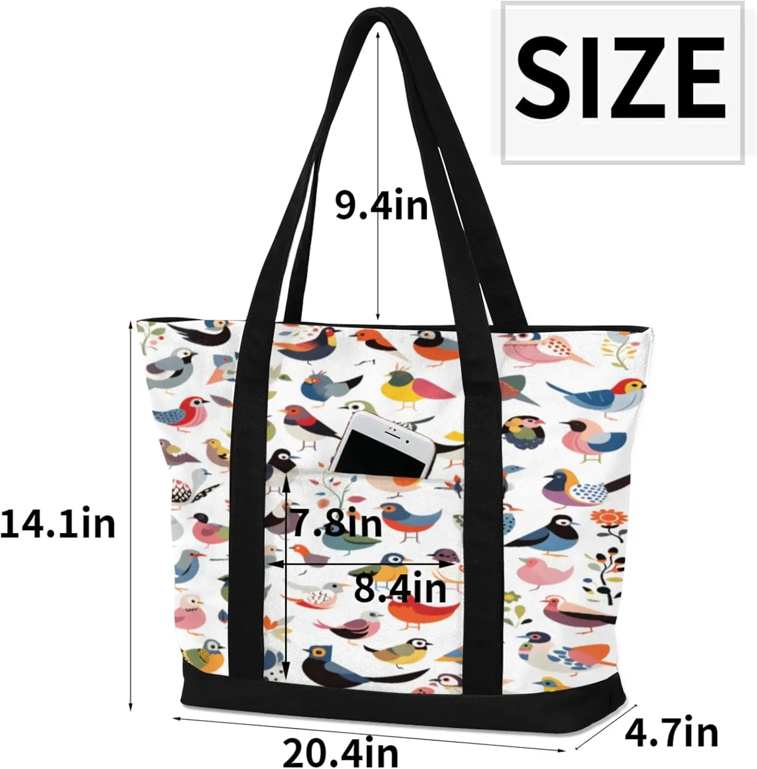 Watercolor Blue Wildflower Canvas Tote Bag Casual Shoulder Handbag Large Shopping Bags With 5 Pocket
