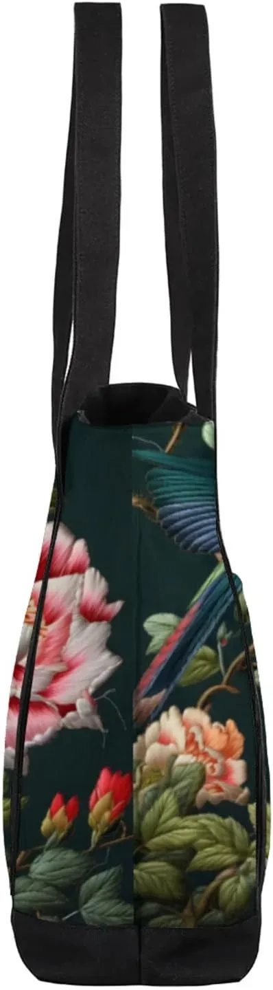 Watercolor Blue Wildflower Canvas Tote Bag Casual Shoulder Handbag Large Shopping Bags With 5 Pocket