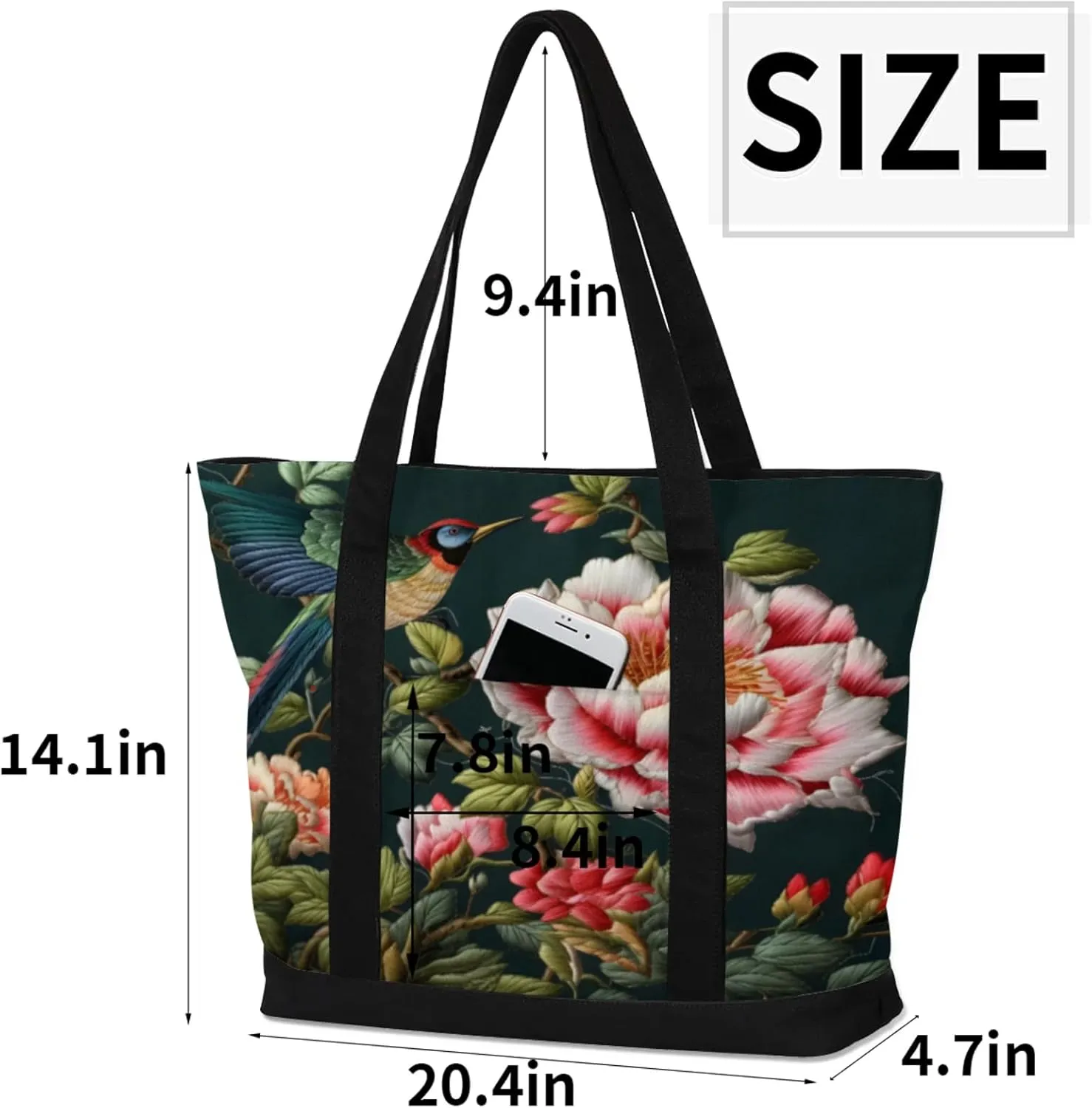 Watercolor Blue Wildflower Canvas Tote Bag Casual Shoulder Handbag Large Shopping Bags With 5 Pocket