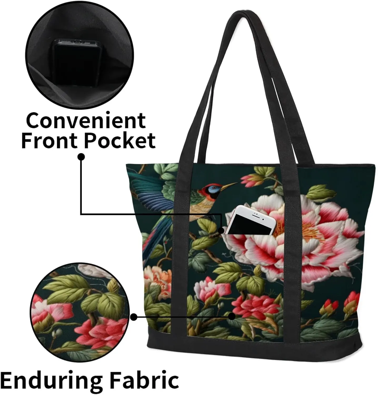 Watercolor Blue Wildflower Canvas Tote Bag Casual Shoulder Handbag Large Shopping Bags With 5 Pocket
