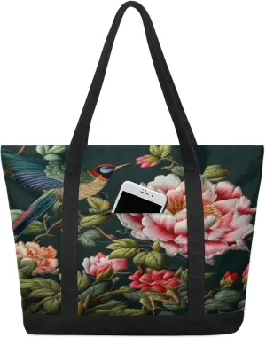 Watercolor Blue Wildflower Canvas Tote Bag Casual Shoulder Handbag Large Shopping Bags With 5 Pocket