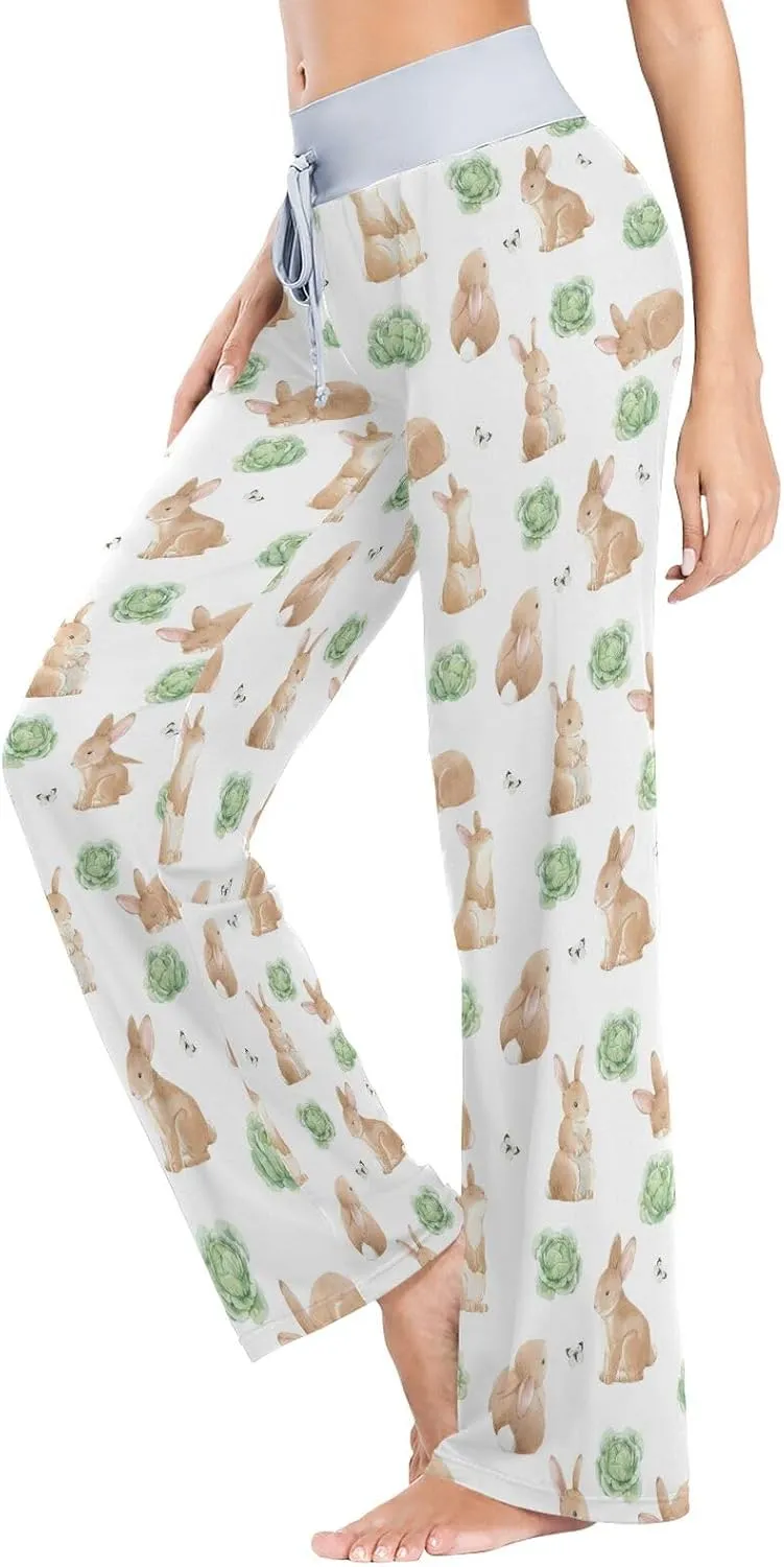 Watercolor Rabbits Cabbage Womens Pajama Pants Casual Lounge Pajama Bottoms Soft Sleepwear Yoga Pants L