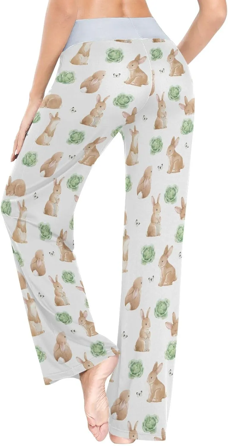 Watercolor Rabbits Cabbage Womens Pajama Pants Casual Lounge Pajama Bottoms Soft Sleepwear Yoga Pants L