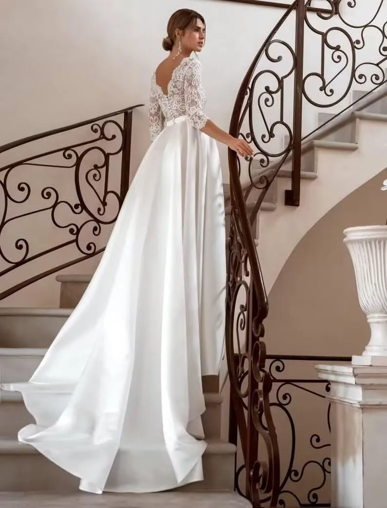 Wedding Dresses for Bride with Sleeve Satin Skirt Lace A Line Bridal Ball Gown for Women