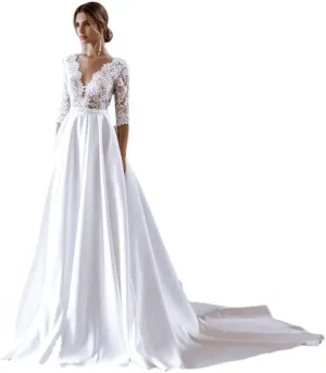 Wedding Dresses for Bride with Sleeve Satin Skirt Lace A Line Bridal Ball Gown for Women