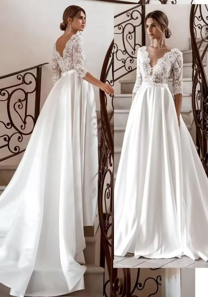 Wedding Dresses for Bride with Sleeve Satin Skirt Lace A Line Bridal Ball Gown for Women