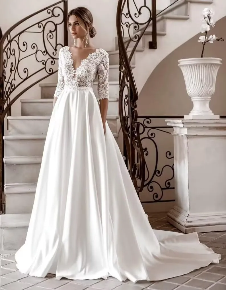 Wedding Dresses for Bride with Sleeve Satin Skirt Lace A Line Bridal Ball Gown for Women
