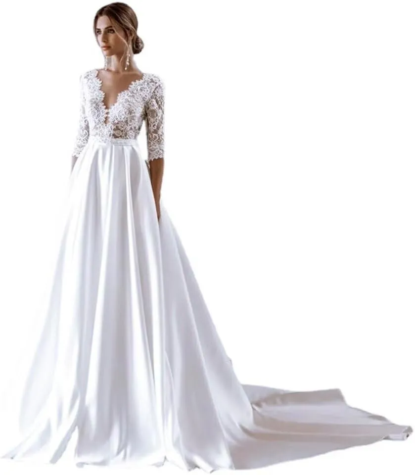 Wedding Dresses for Bride with Sleeve Satin Skirt Lace A Line Bridal Ball Gown for Women